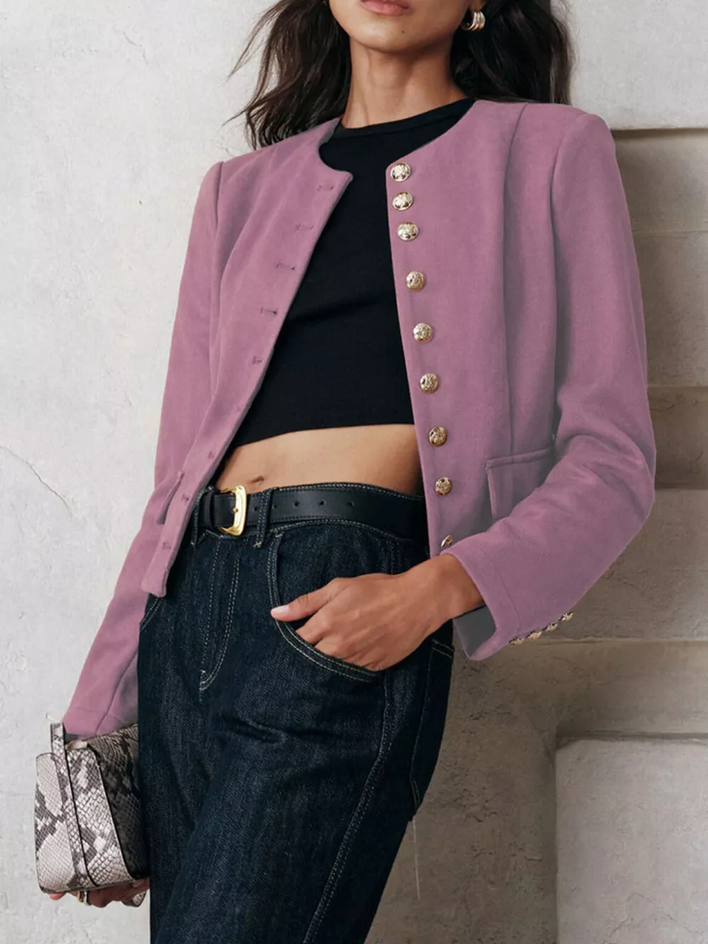 Round Neck Button Up Blazer, image 2