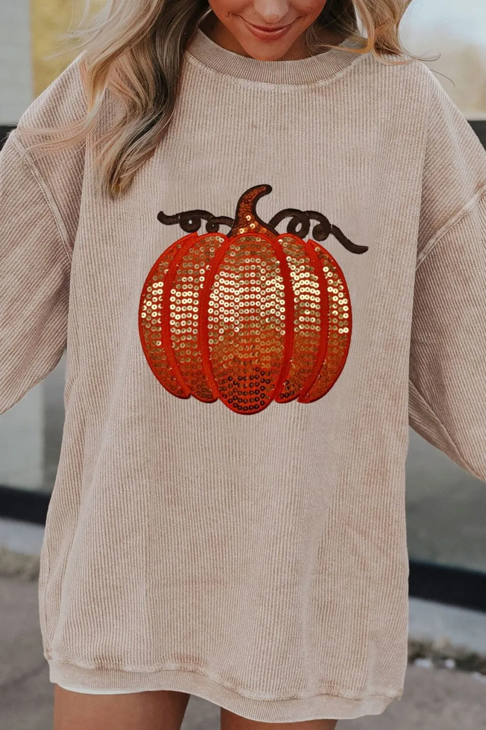 Sequin Pumpkin Round Neck Long Sleeve Sweatshirt, image 2