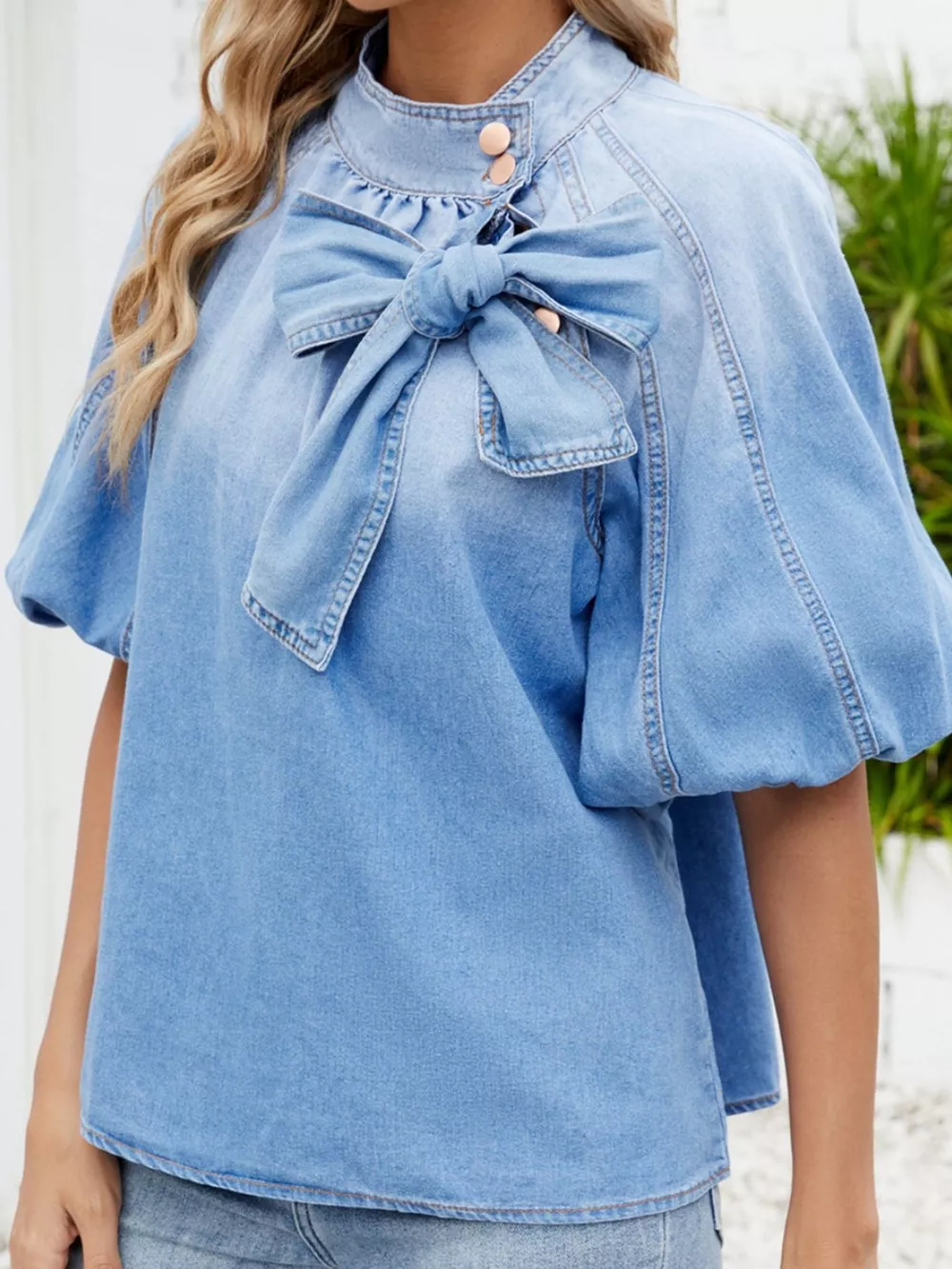 Bow Accent Puff Sleeve Denim Top, image 5