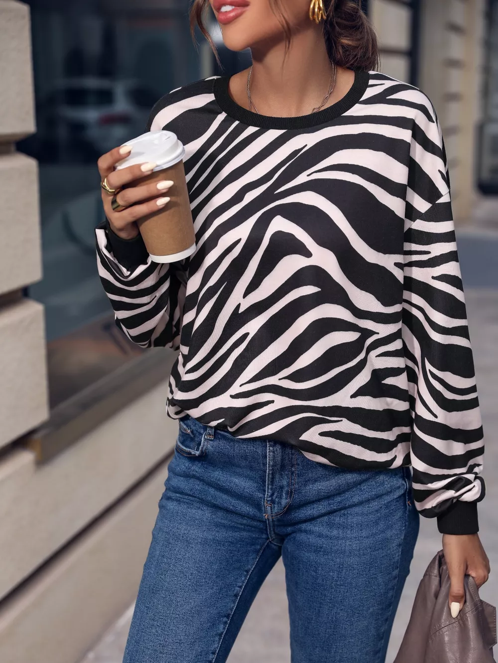 Zebra Print Round Neck Casual Sweatshirt, image 2