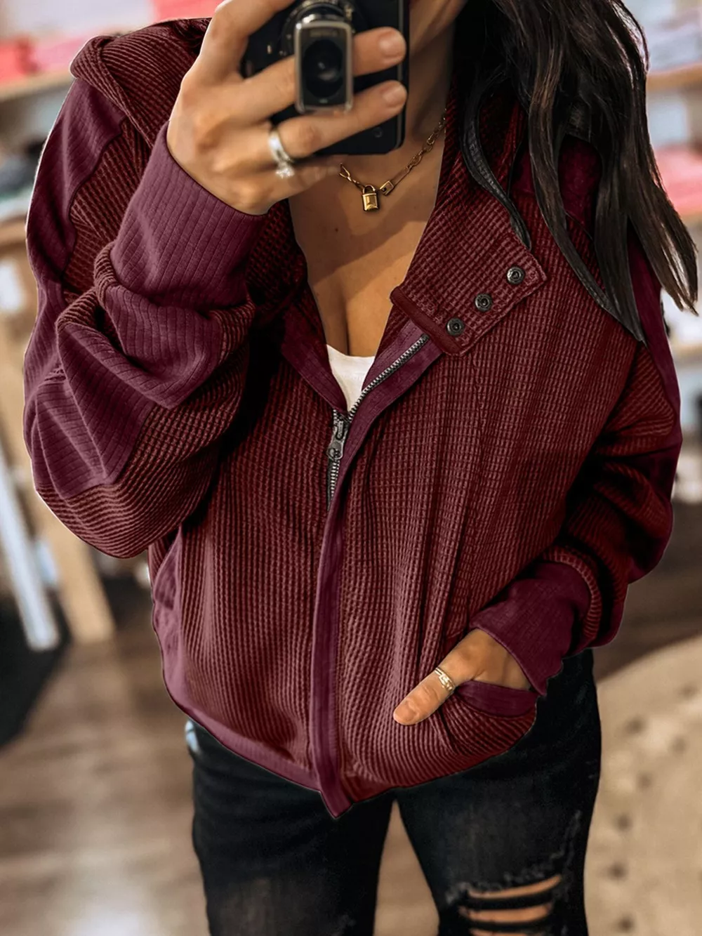Waffle Zip Up Hooded Jacket with Pockets, image 2