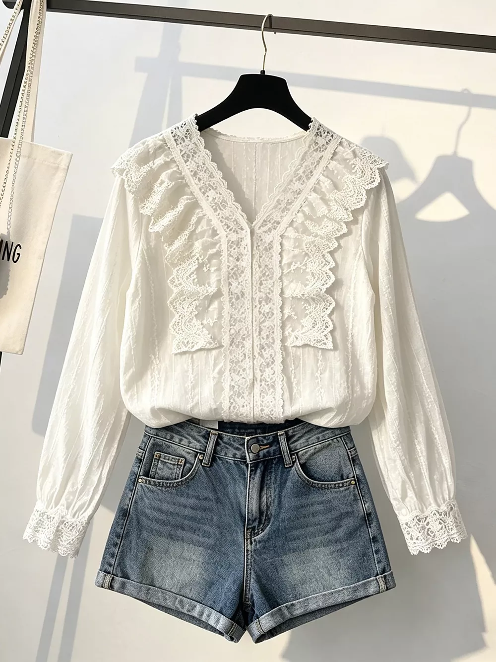 V-Neck Lace Ruffle Sheer Blouse, image 3