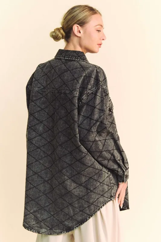 Curved Hem Diamond Quilted Button Up Denim Shacket, image 2