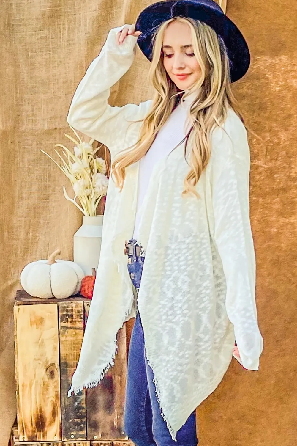 Textured Knit Fringe Hem Cardigan, image 3