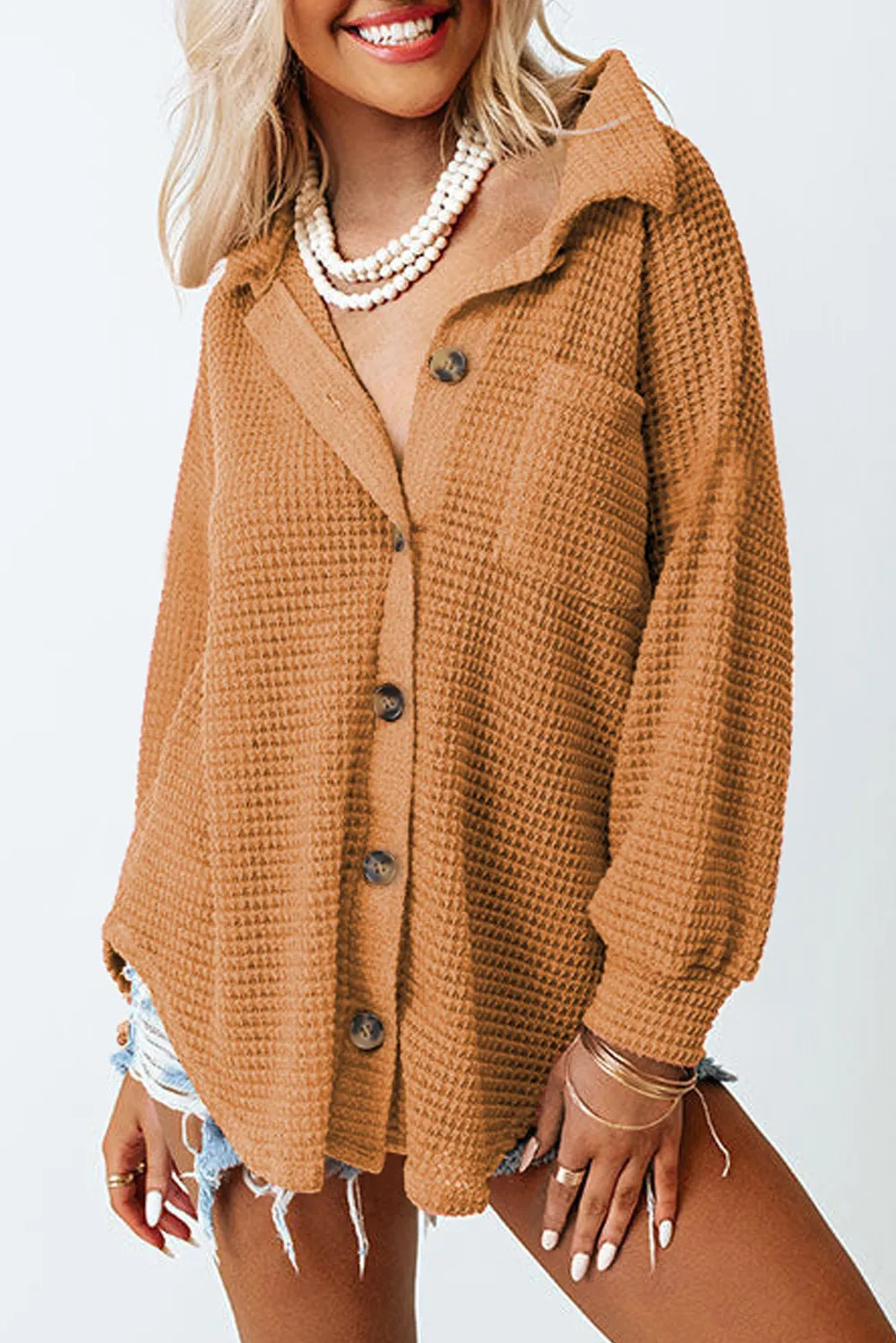 Waffle-Knit Collared Neck Long Sleeve Shirt, image 2