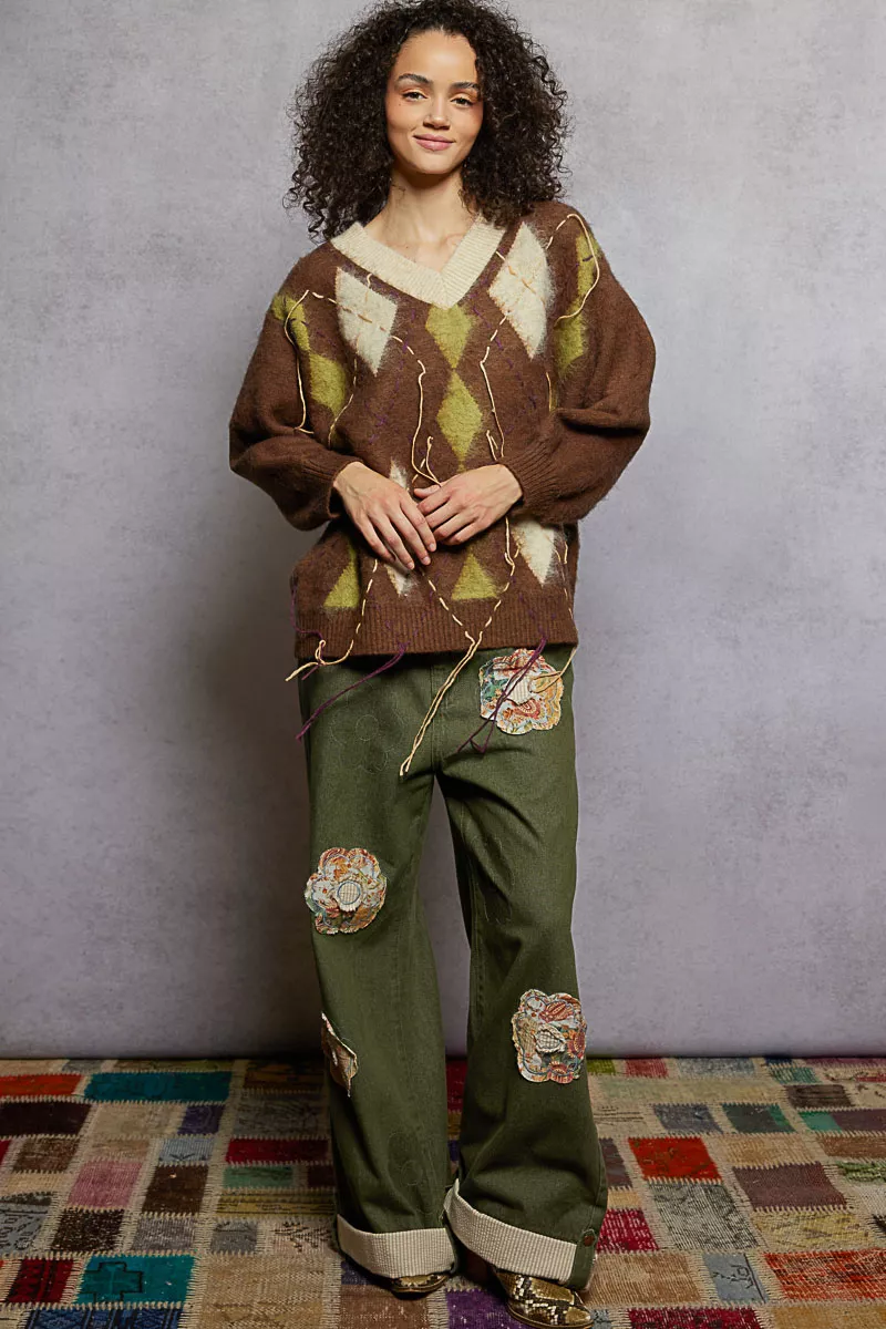 V-Neck Argyle Pattern Mohair Sweater with Contrast Exposed Stitch Detail, image 2