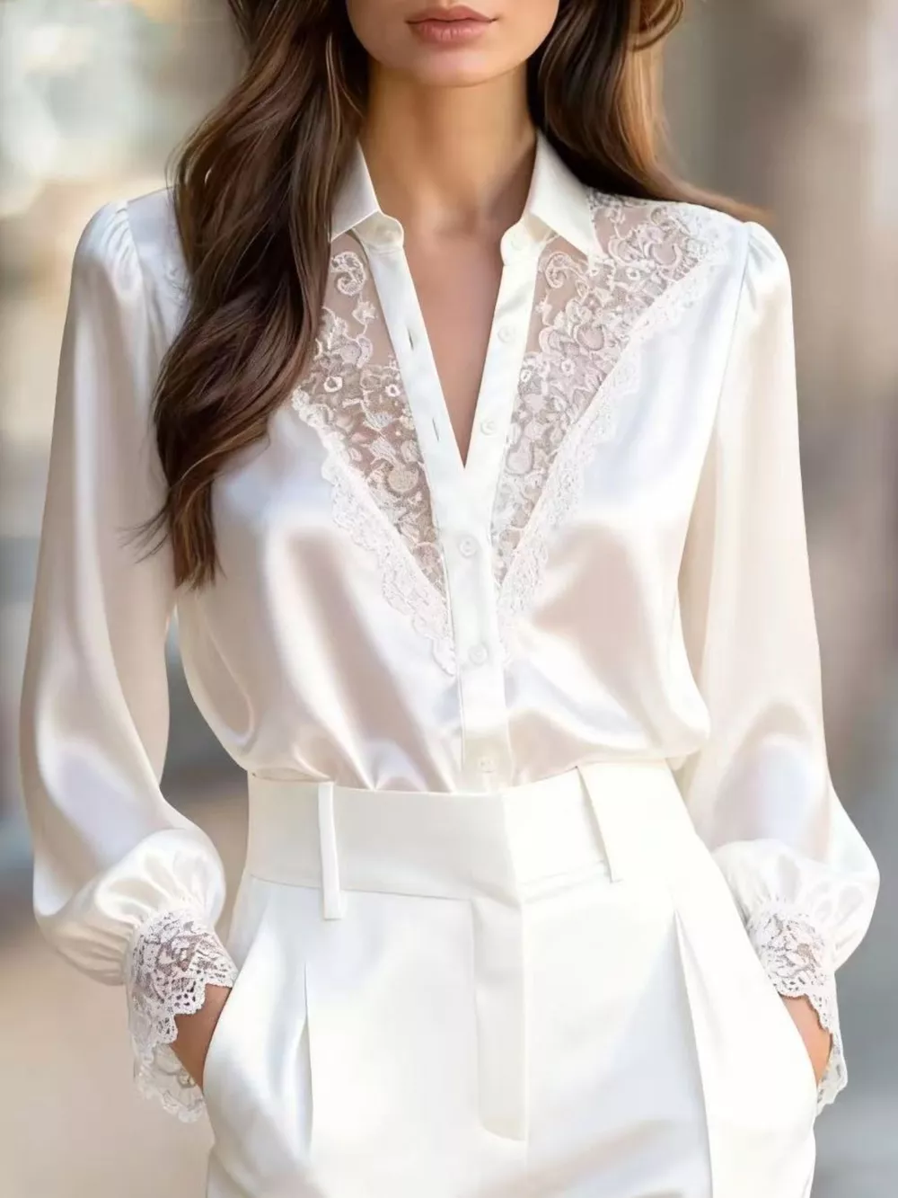 Lace Trim Satin Button Up Shirt, image 2