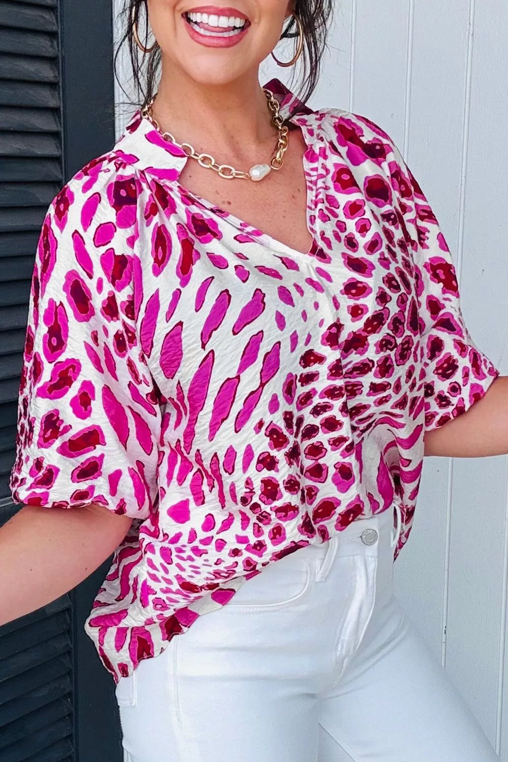 Leopard Print V Neck Puffy Half Sleeve Blouse, image 3