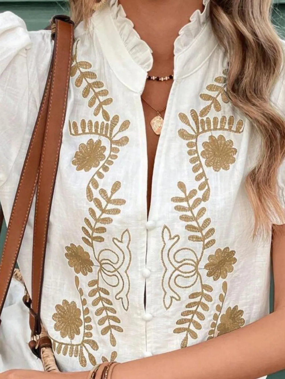 Embroidered Frill Notched Short Sleeve Blouse, image 2