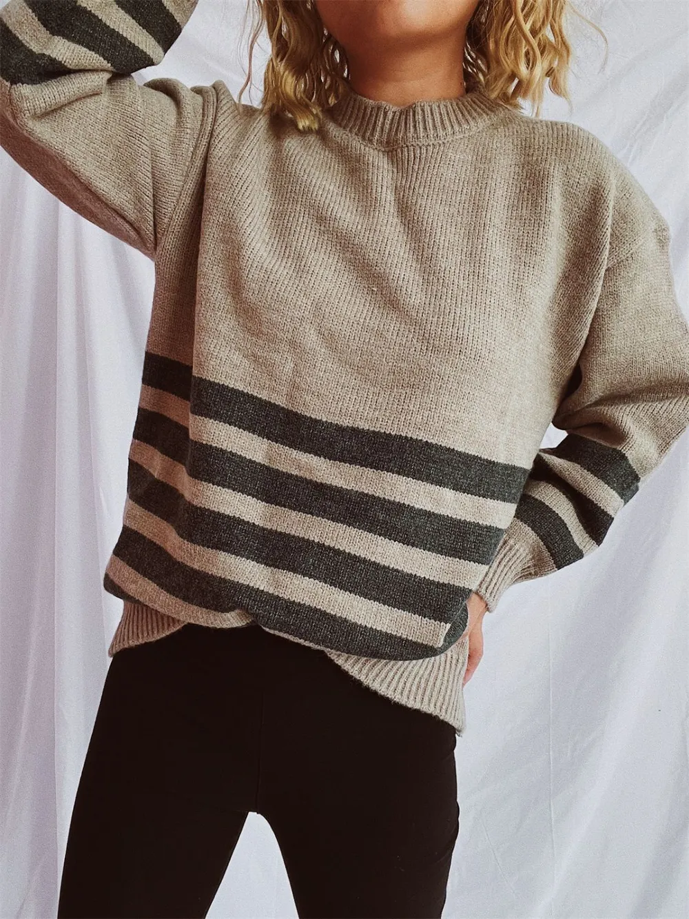 Striped Dropped Shoulder Long Sleeve Sweater, image 4