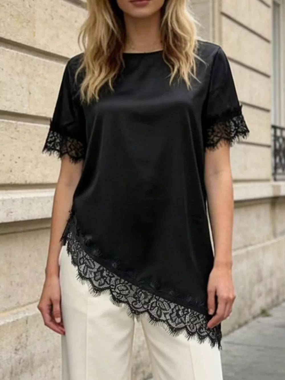 Lace Trim Short Sleeve Satin Top, image 4