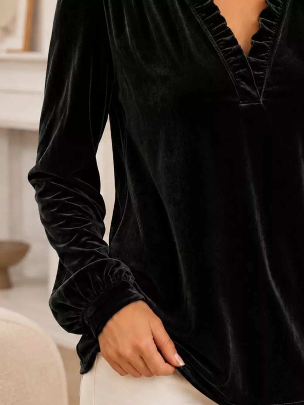 V-Neck Ruffle Trim Velvet Blouse, image 9