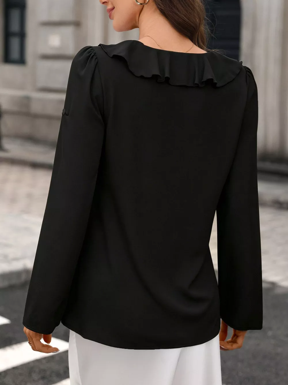 Ruffled V-Neck Roll-Up Sleeves Blouse, image 12