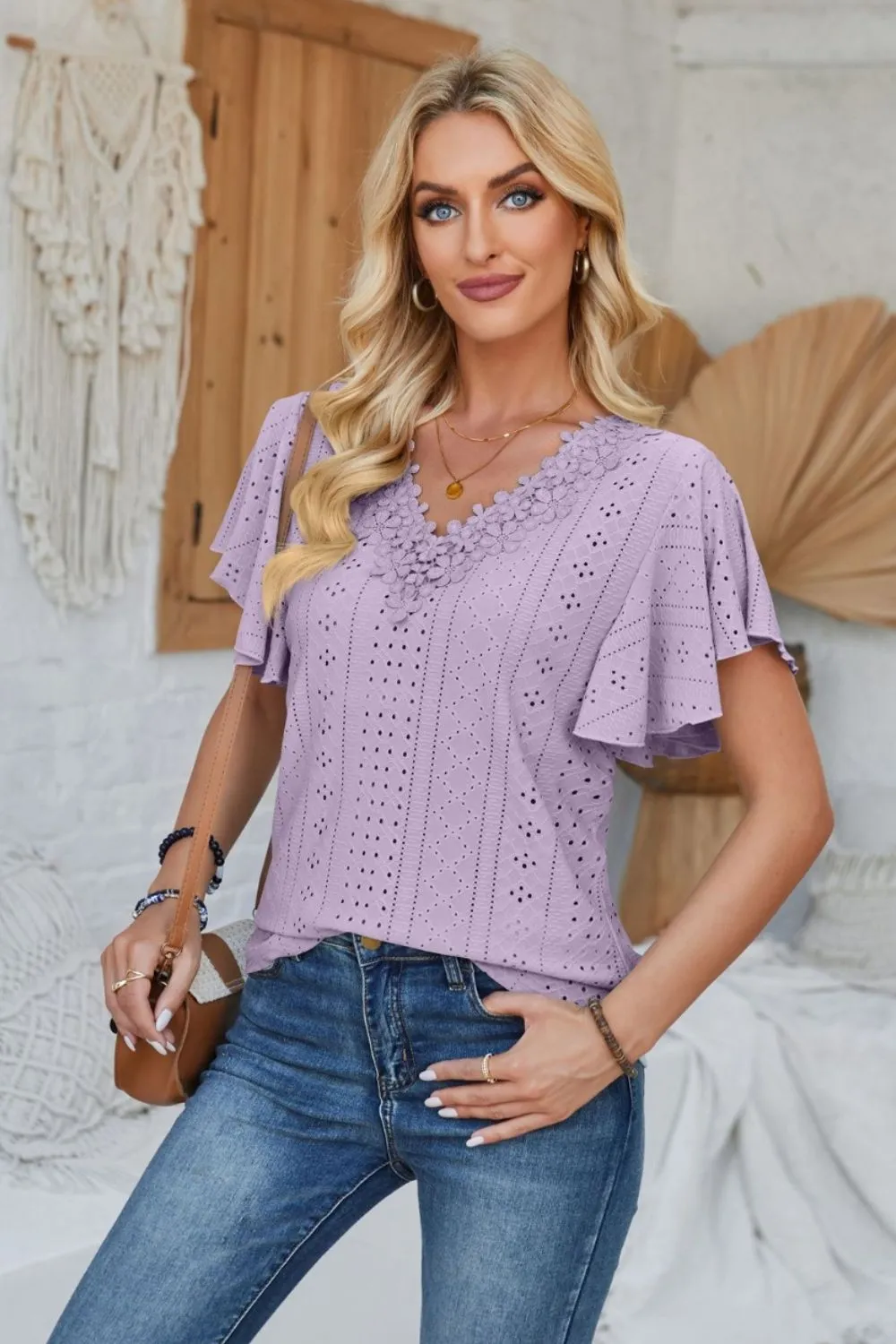 Eyelet Applique V-Neck Cap Sleeve T-Shirt, image 30