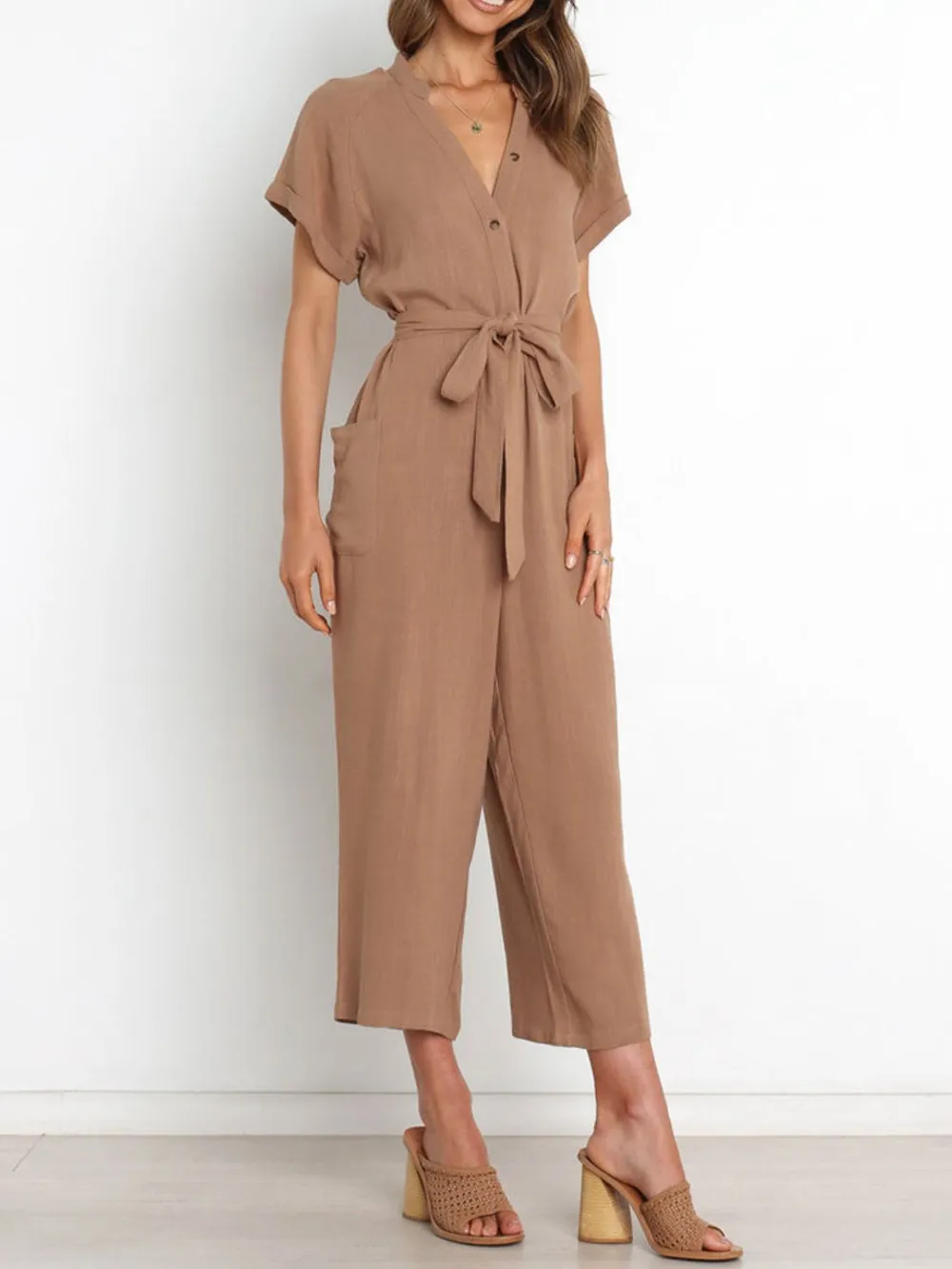 Notched Short Sleeve Tie Waist Jumpsuit, image 2