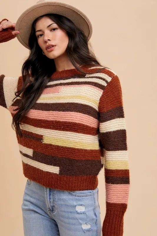 Color Block Round Neck Long Sleeve Sweater, image 4