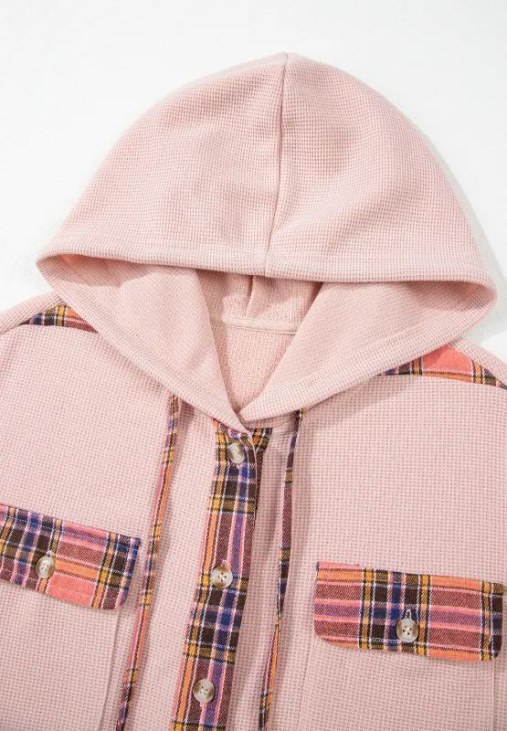 Waffle Knit Plaid Patchwork Drawstring Hooded Shacket, image 3