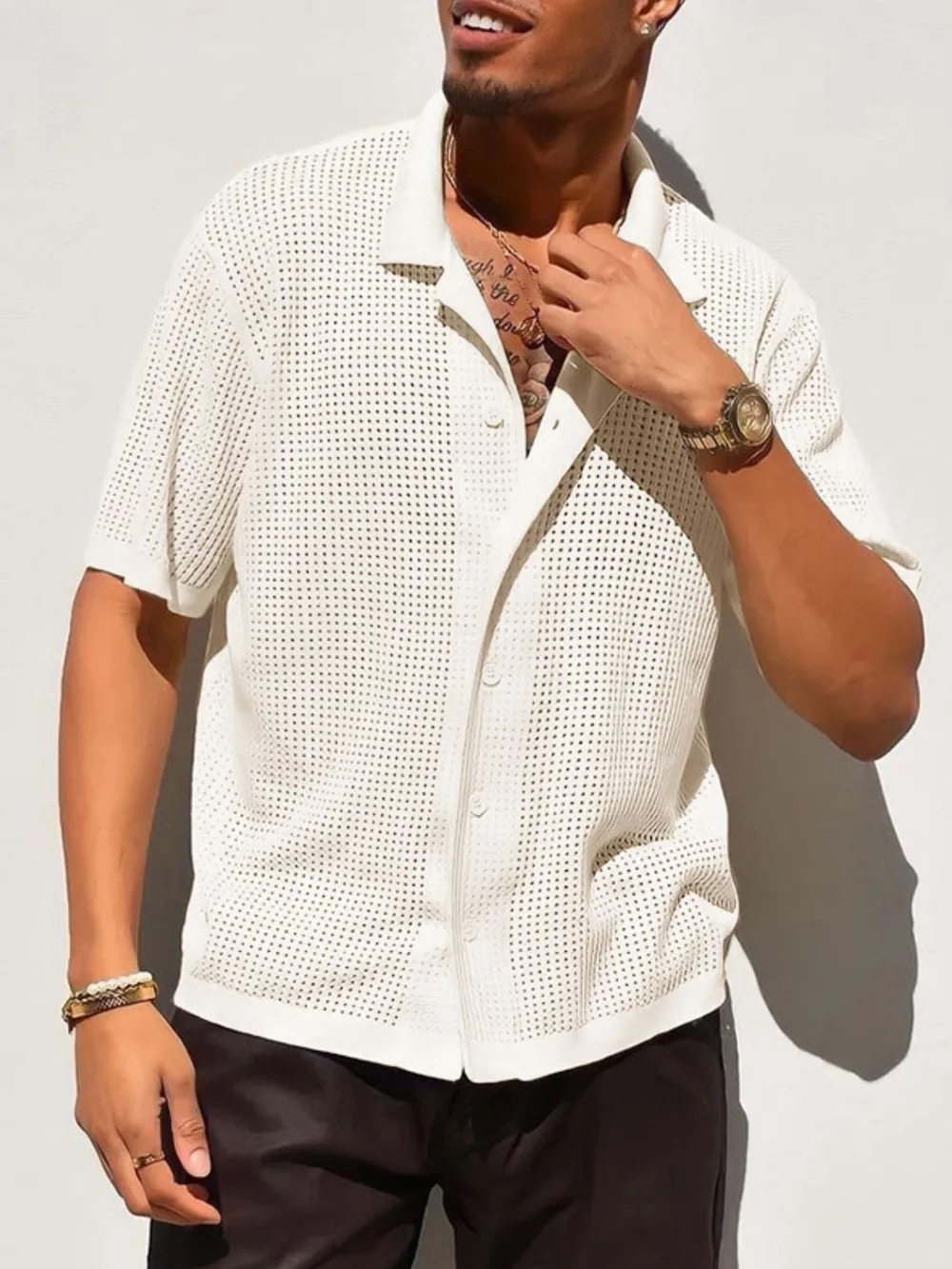 Men's Full Size Openwork Button Down Collared Neck Shirt Plus Size, image 3