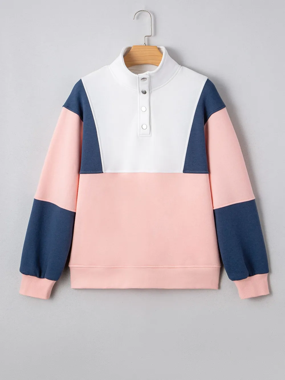 Colorblock Patchwork Half Button Baggy Sweatshirt, image 2