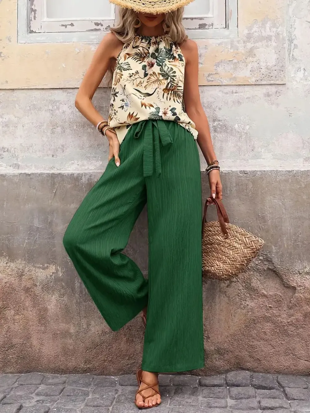Printed Tank Top and Wide Leg Pants Set, image 2