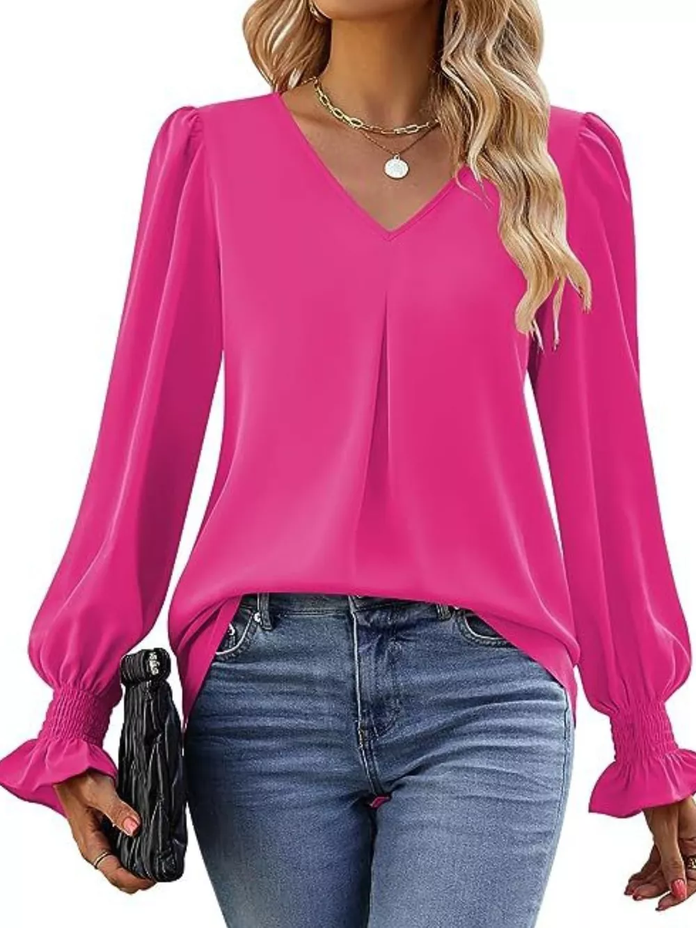 V-Neck Long Sleeve Ruffle Cuff Blouse, image 31