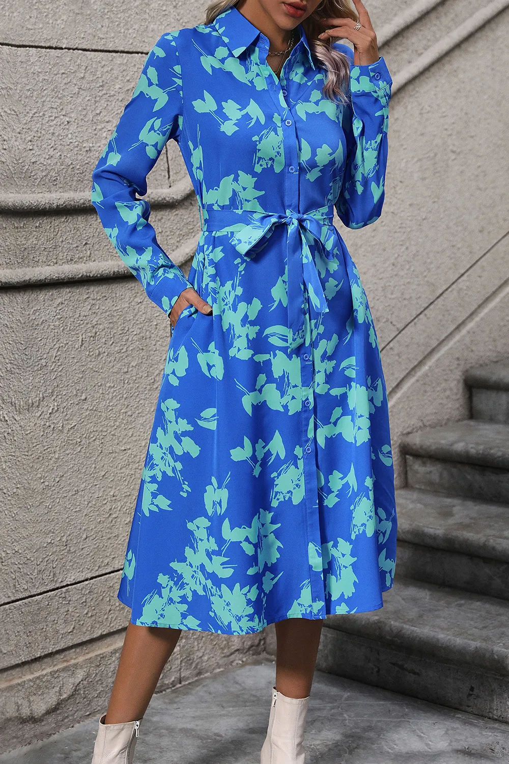 Printed Button Up Tie Waist Dress, image 2