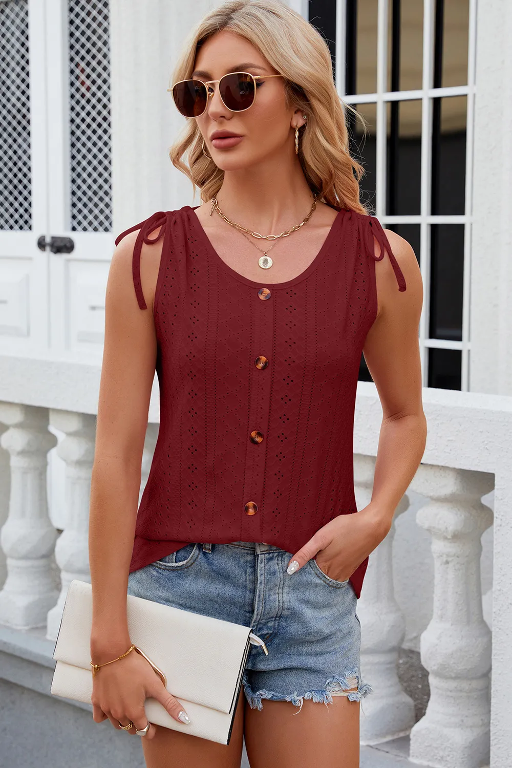 Eyelet Round Neck Wide Strap Tank, image 21