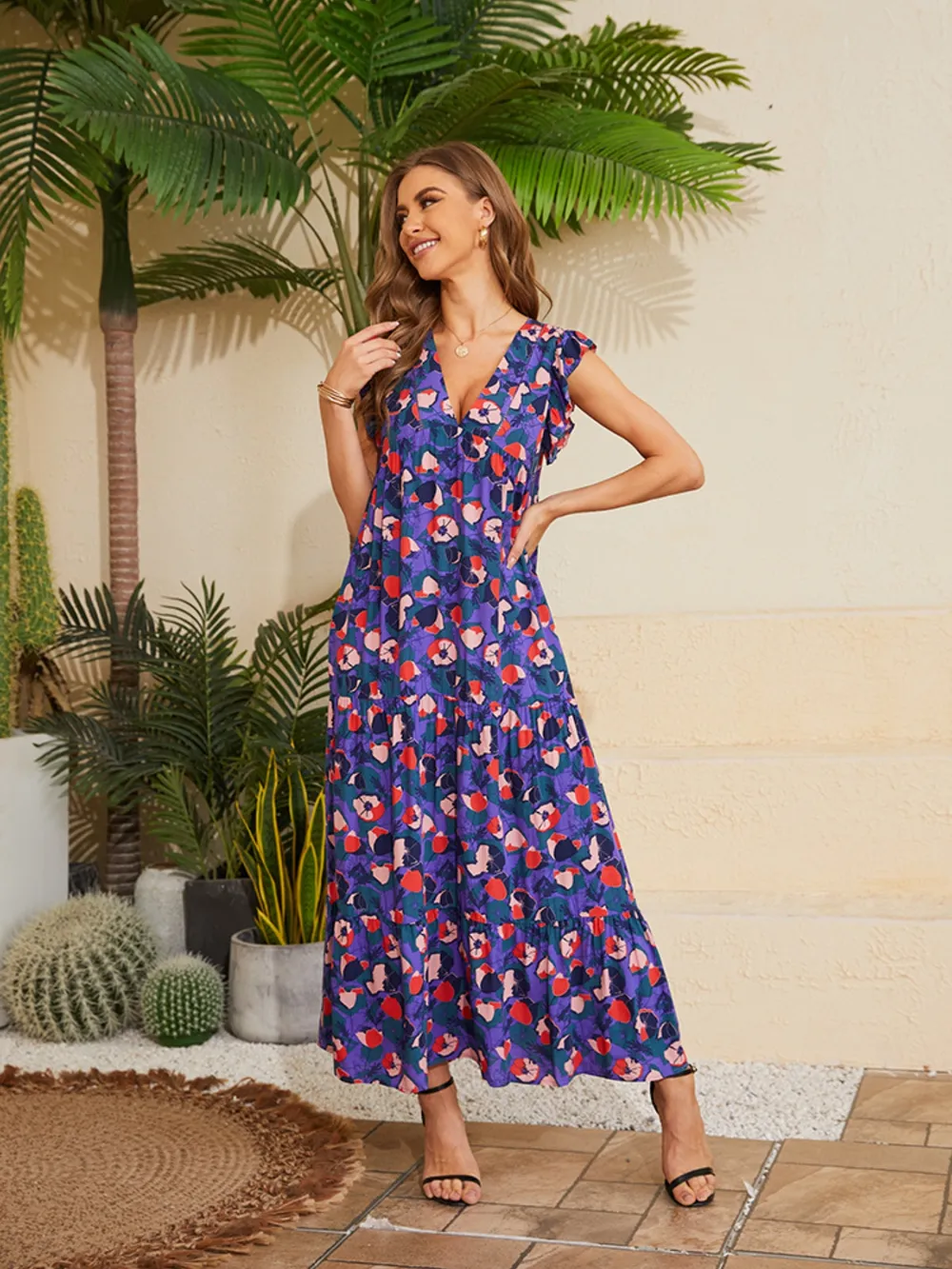 Floral V-Neck Cap Sleeve Summer Dress