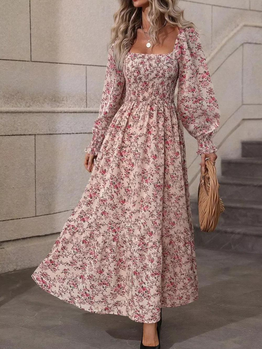 Floral Print Square Neck Smocked Midi Dress, image 2