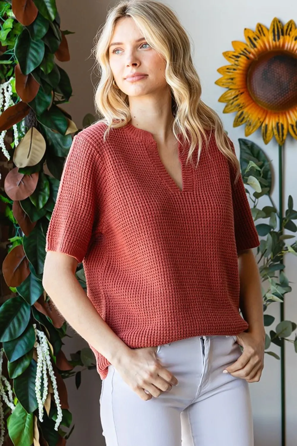 Notched Short Sleeve Knit Top, image 2