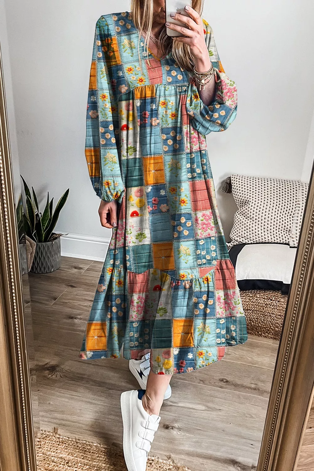 Floral Checkered V-Neck Dress, image 2