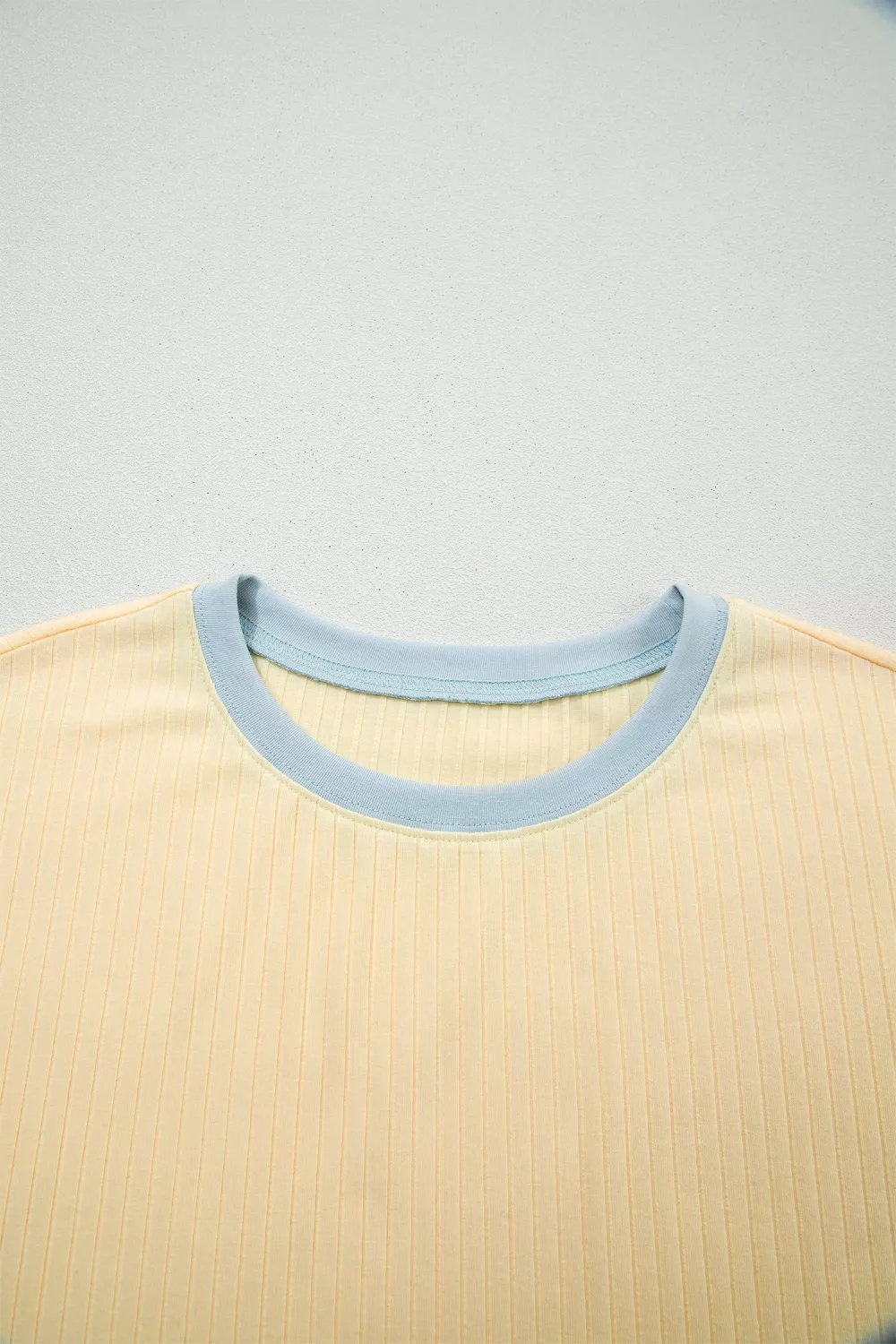 Soft Ribbed Color Block Trim Casual Short Set, image 10