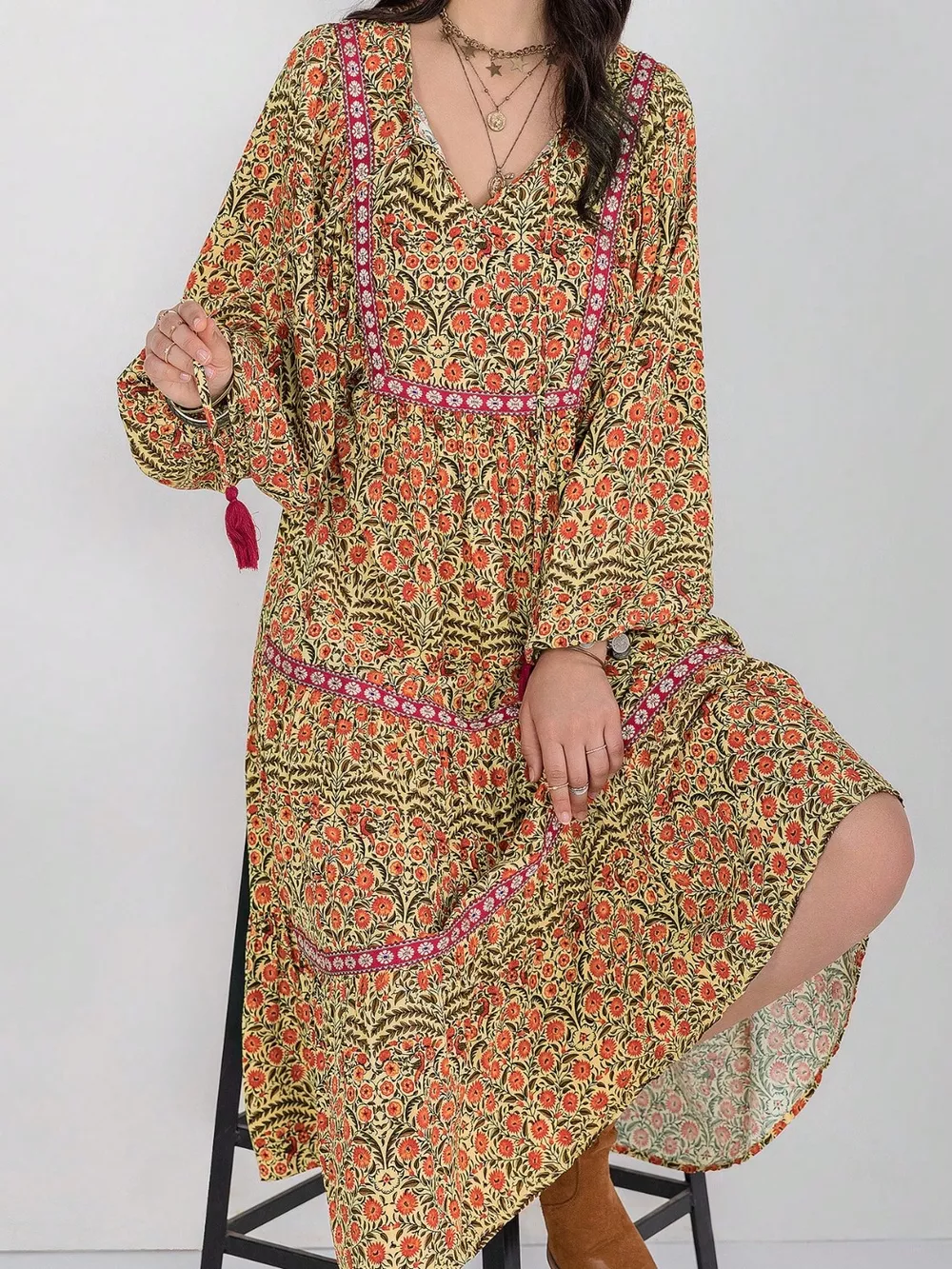 Floral Tiered Midi Dress with Balloon Sleeves, image 2