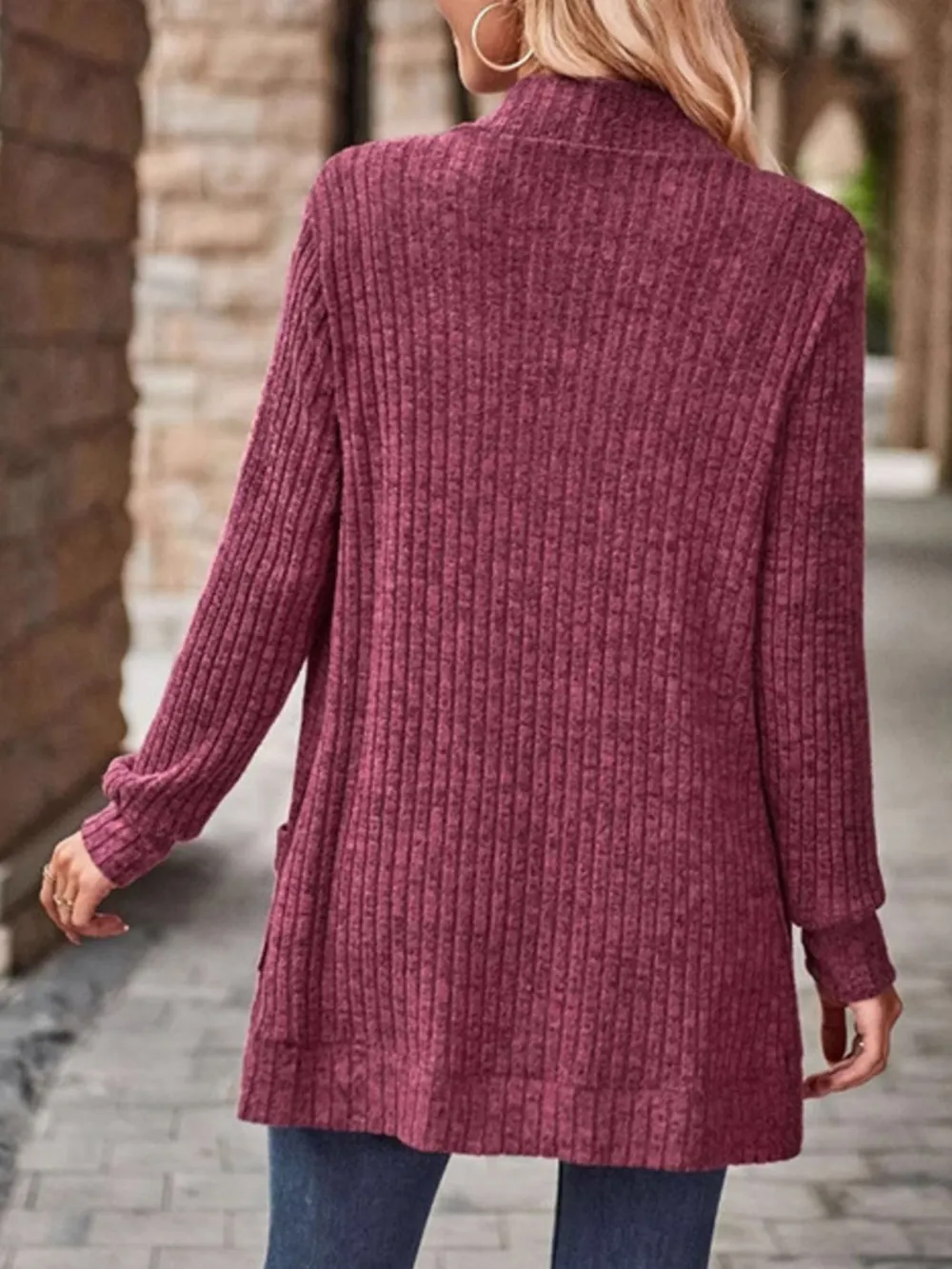Ribbed Knit Open Front Cardigan with Pockets, image 2