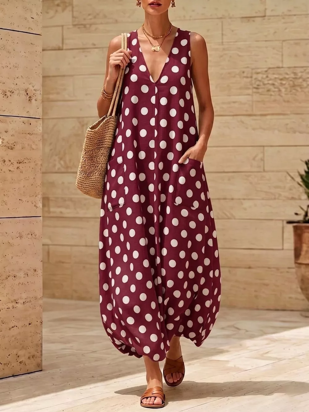 Polka Dot V-Neck Sleeveless Maxi Dress, image 5