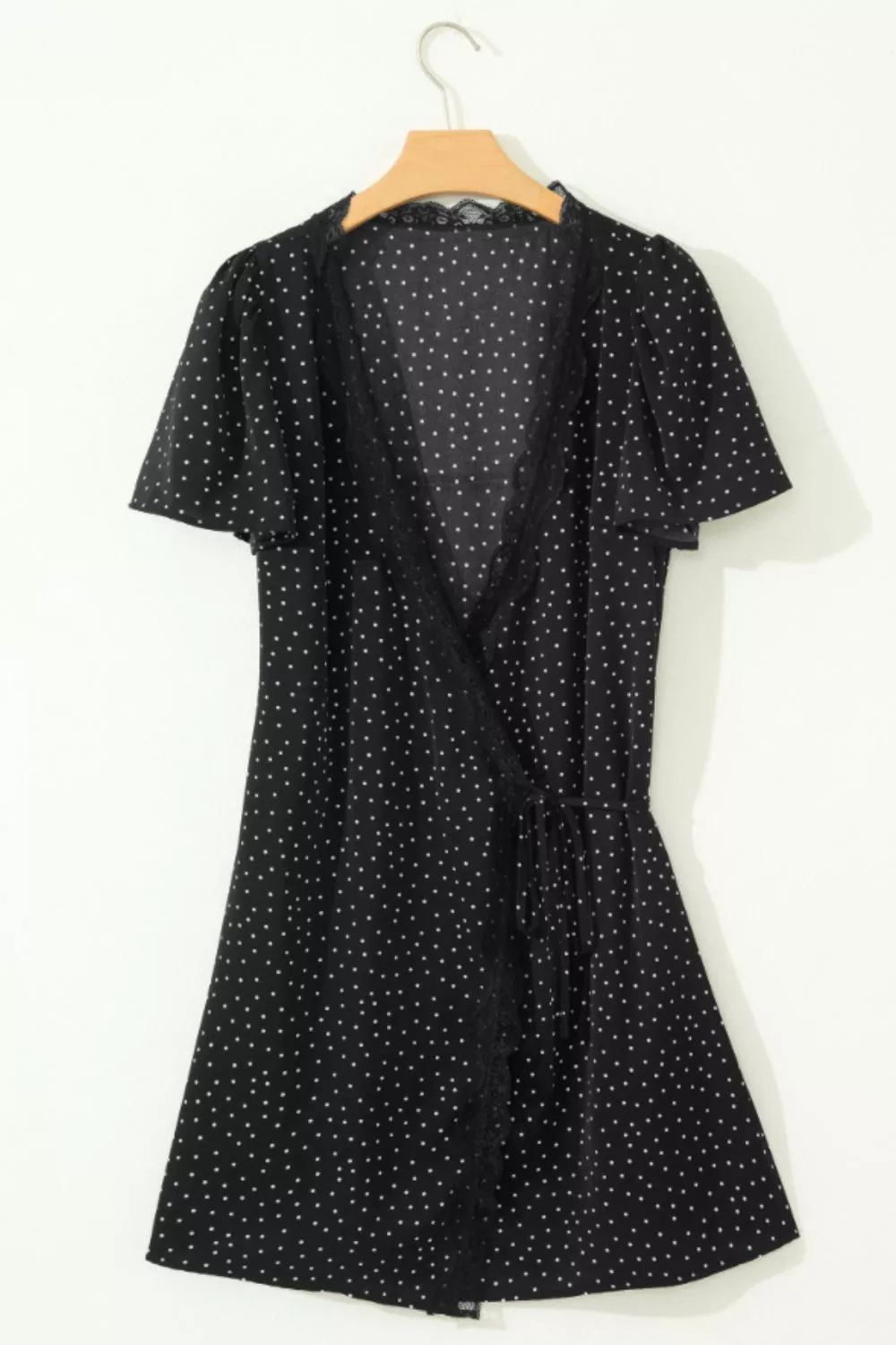 Polka Dot Print Lace Trim Wrap Mini Dress, image 6