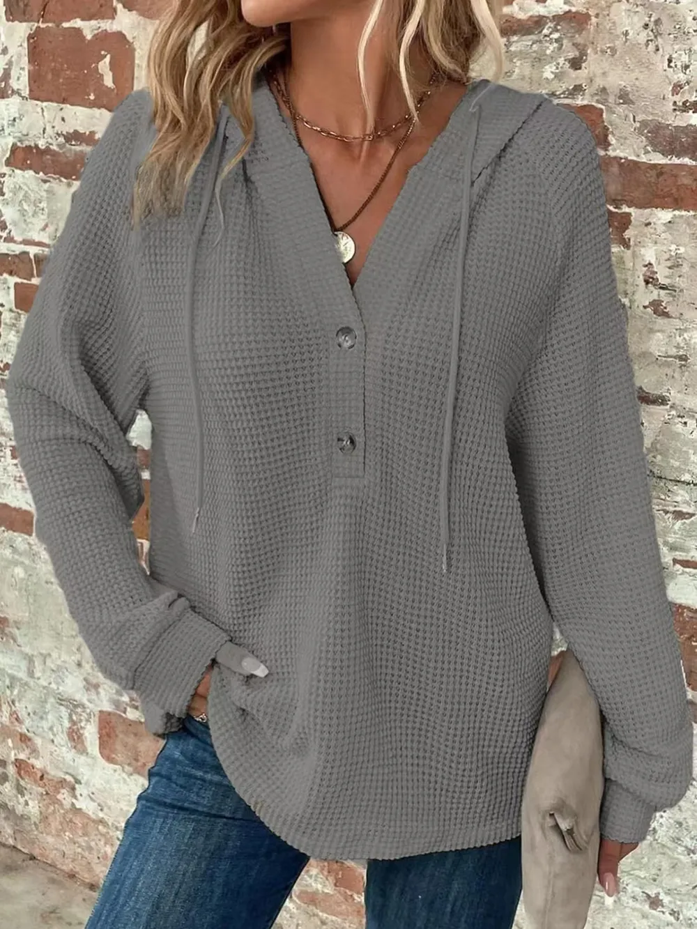 Waffle Knit Long Sleeve Drawstring Hooded Top, image 15