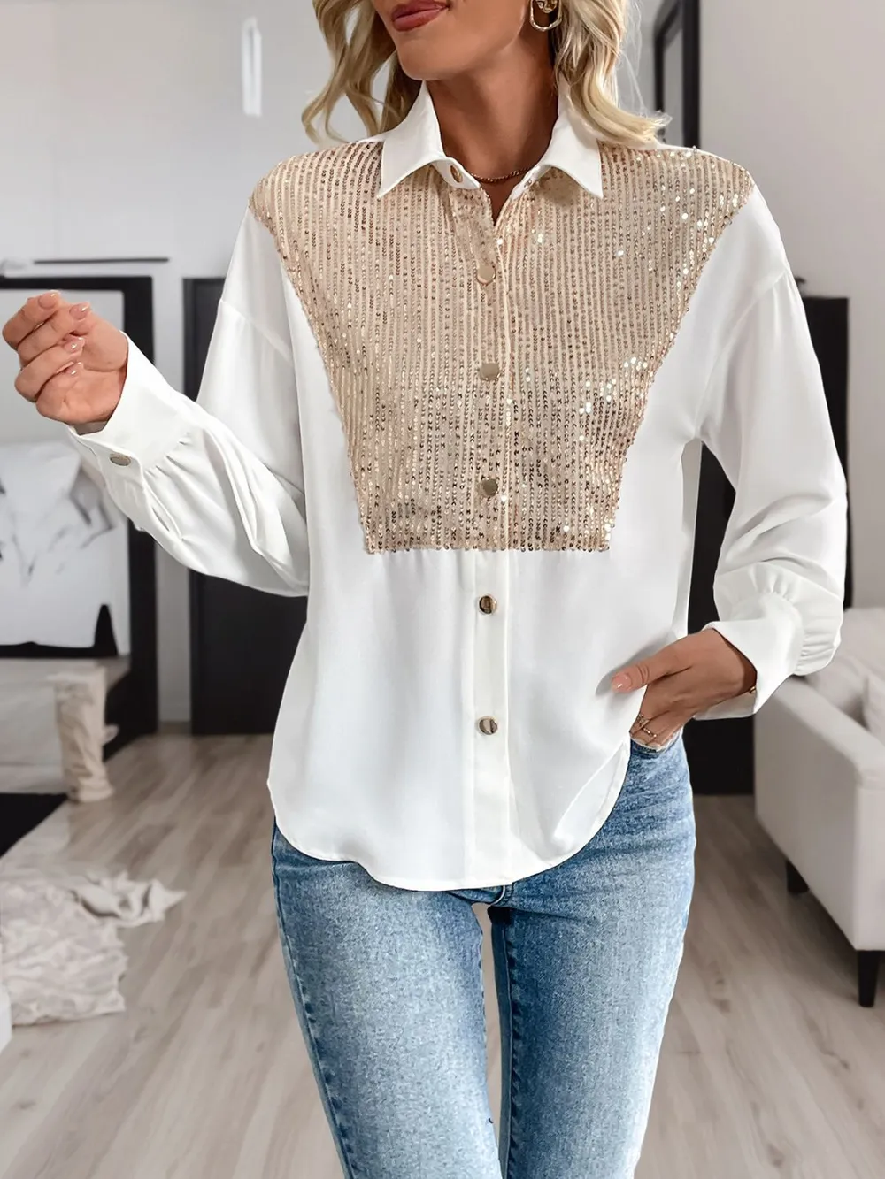 Sequin Contrast Collared Neck Long Sleeve Shirt, image 2