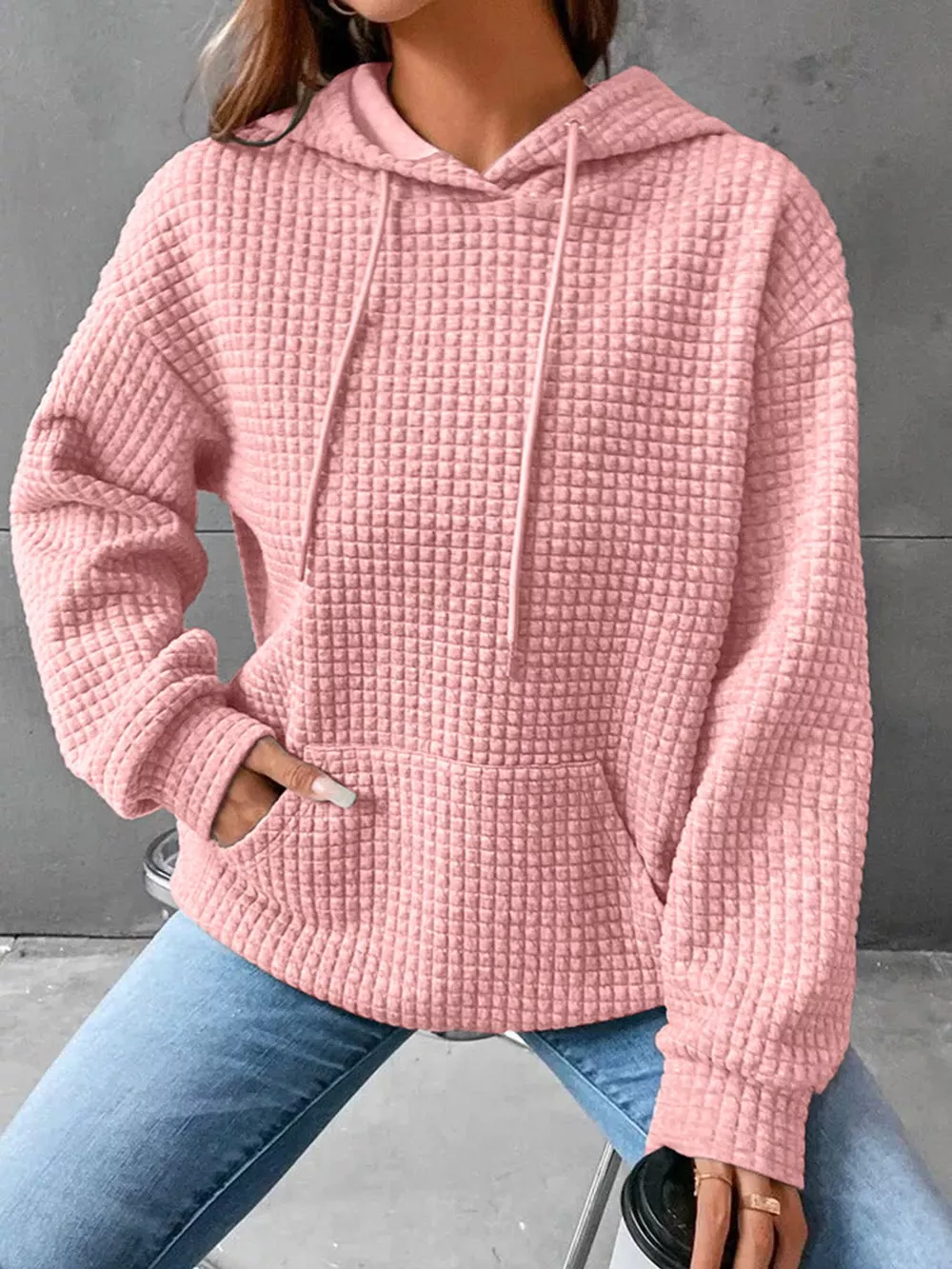 Full Size Textured Kangaroo Pocket Hoodie Plus Size, image 2