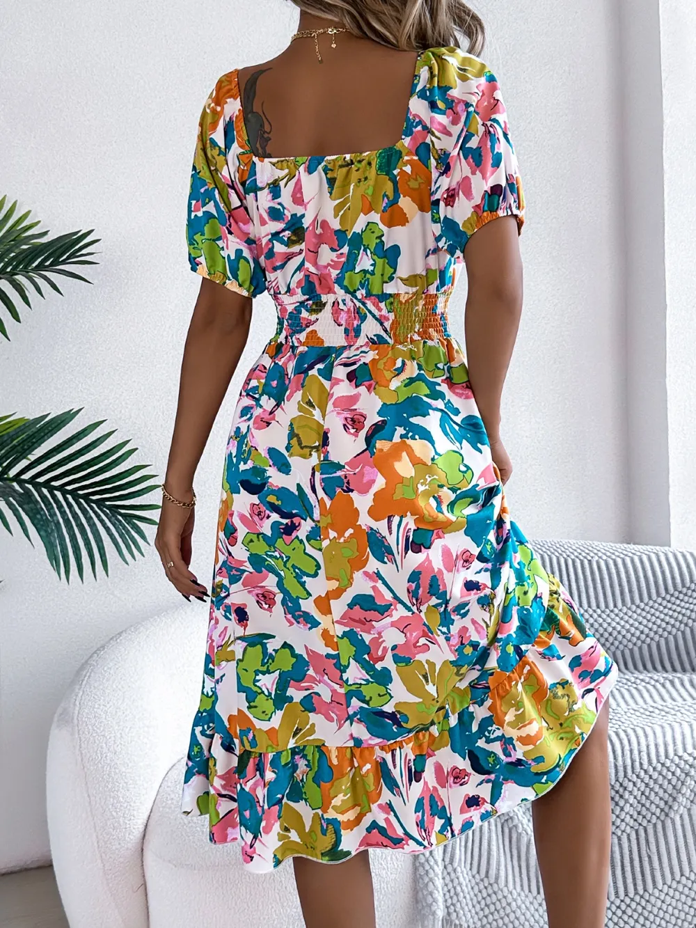 Ruffled Hem Smocked Floral Short Sleeve Midi Dress, image 2