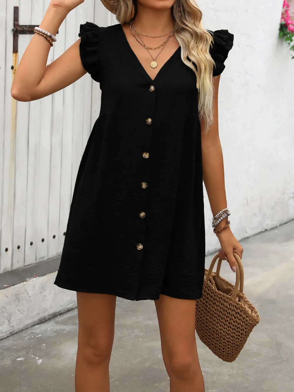 Button Up V-Neck Cap Sleeve Mini Dress, image 2