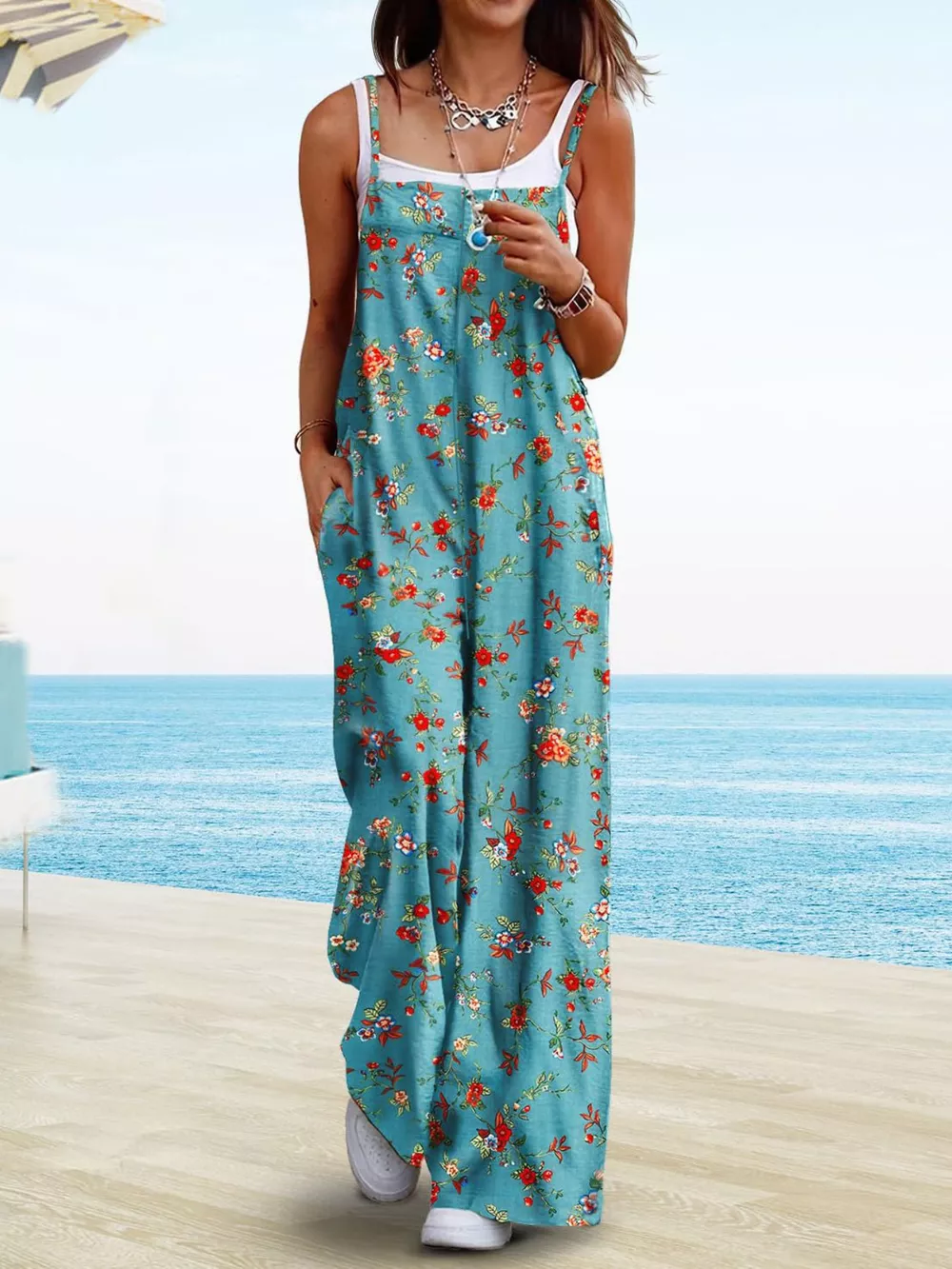 Full Size Floral Print Wide Leg Spaghetti Strap Overalls Plus Size, image 9