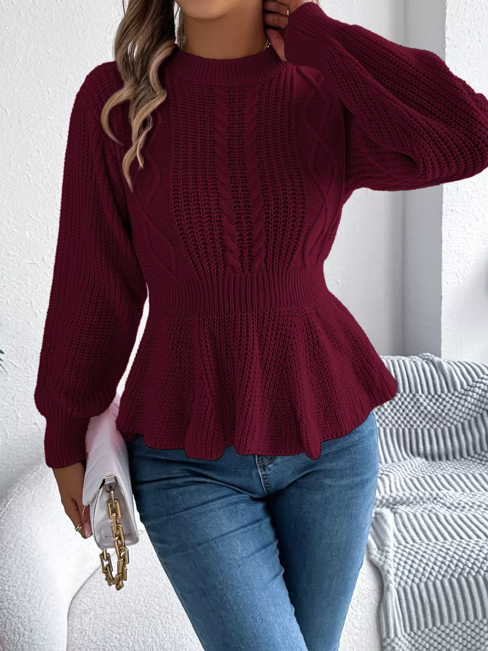 Cable Knit Round Neck Peplum Sweater, image 15