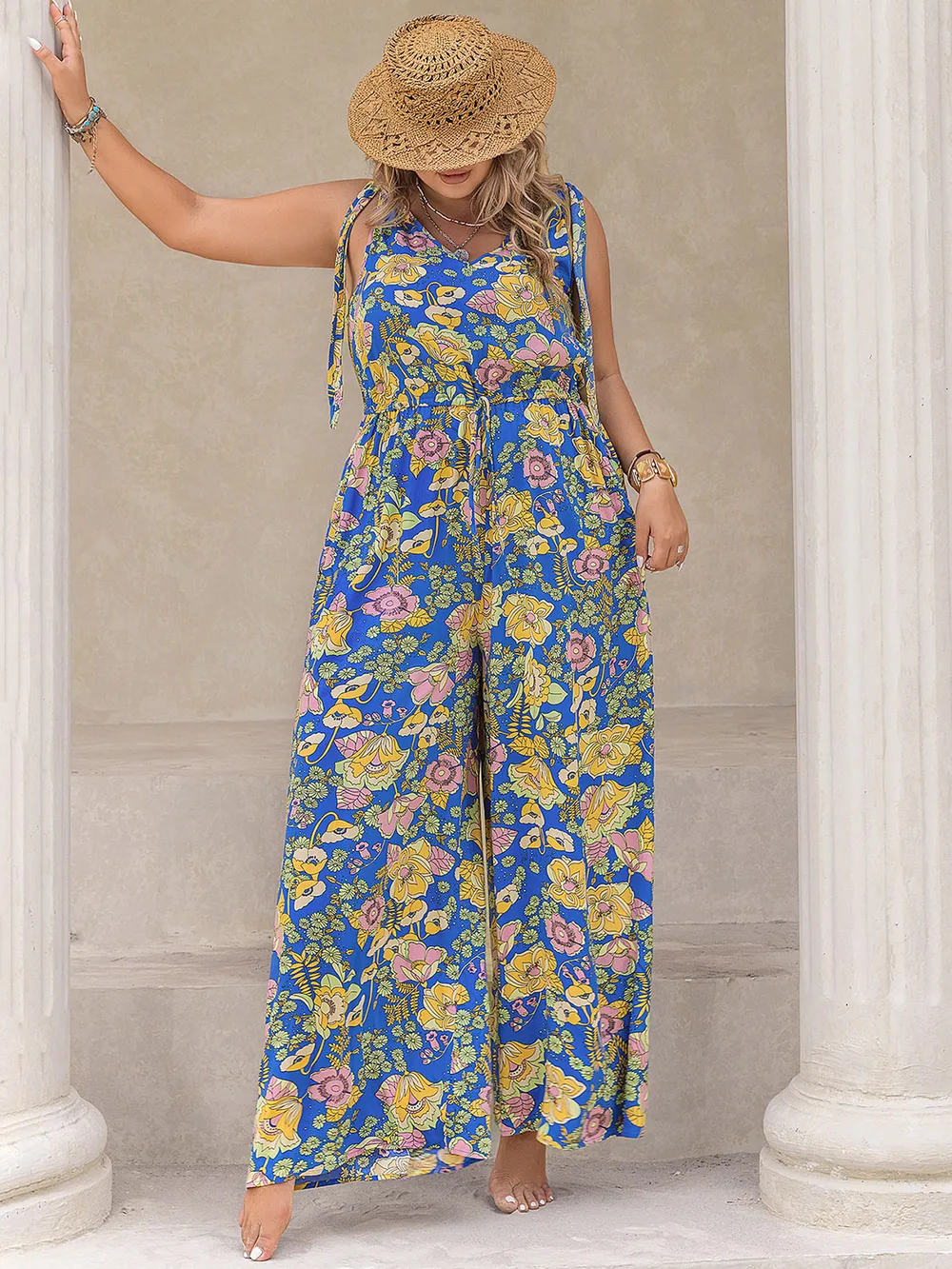Plus Size Printed V-Neck Wide Leg Jumpsuit, image 4