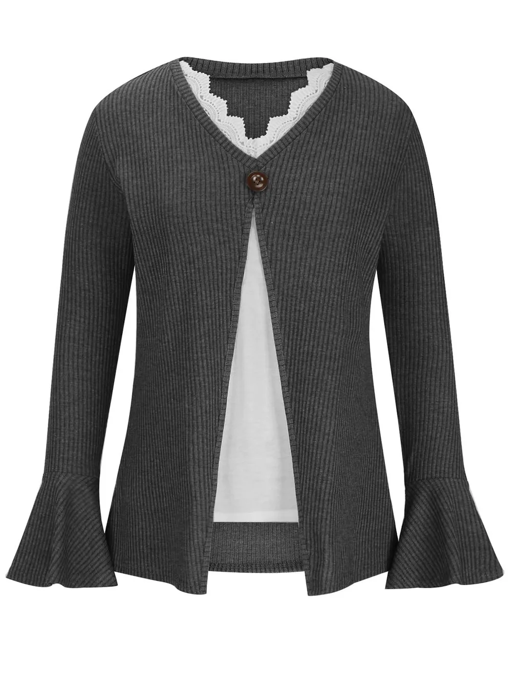 Faux Layered V-Neck Long Sleeve T-Shirt, image 2