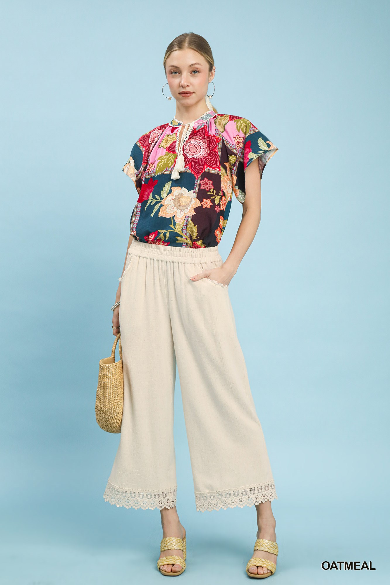 Linen Wide Leg Cropped Pants with Lace Trim, image 2