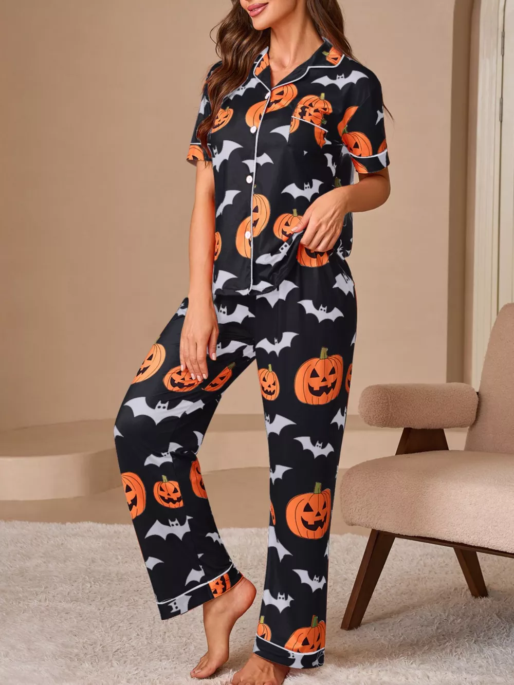 Halloween Pumpkin and Bat Print Button-Down Top and Pants Lounge Set