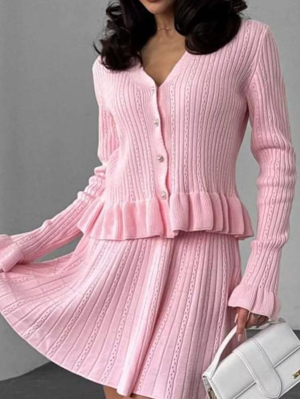 Ruffle Trim Knit Cardigan & Skirt Set, image 3
