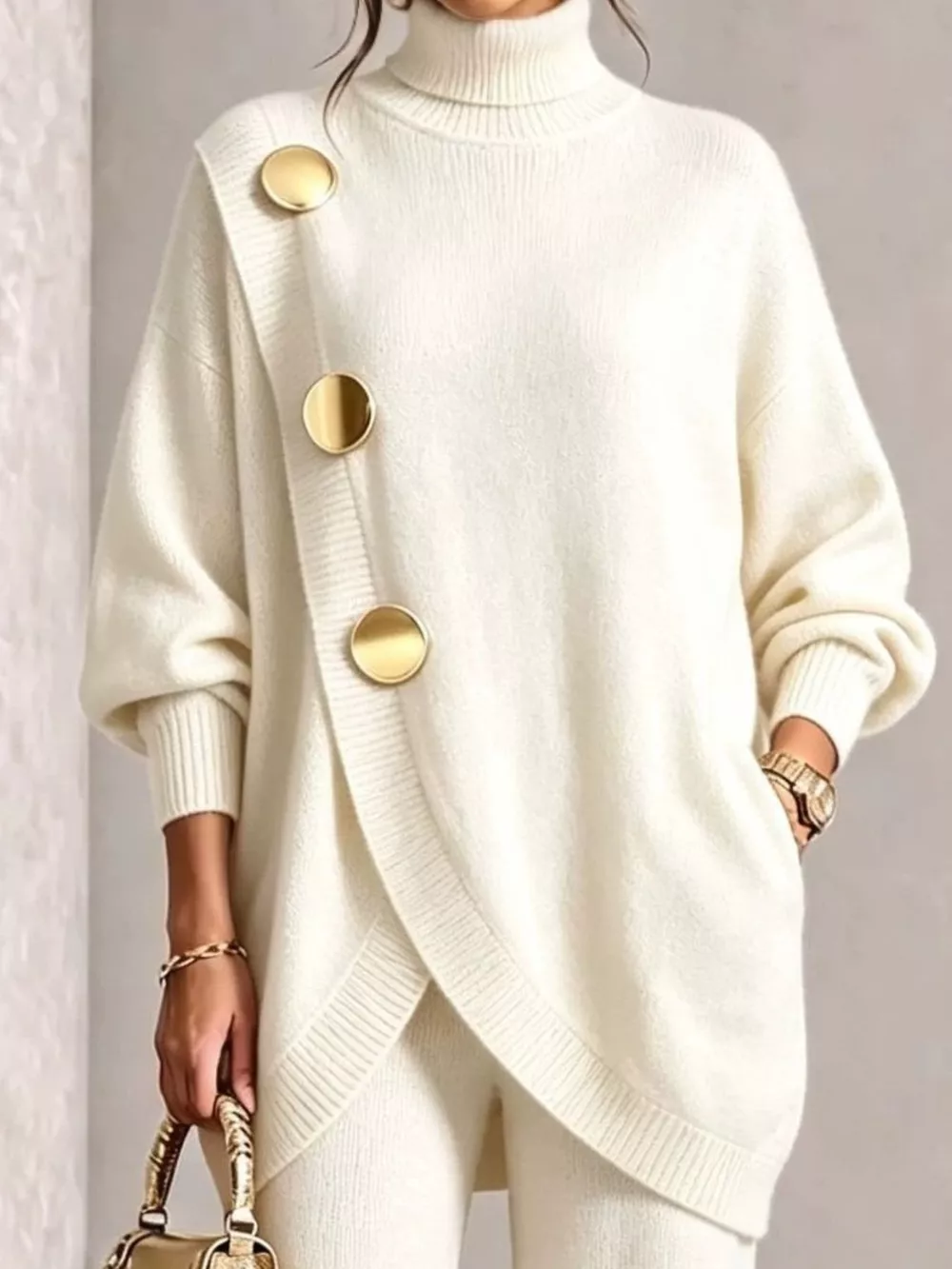 Full Size Elegant Turtleneck Asymmetric Button-Decorated Sweater and Pants Set Plus Size, image 6