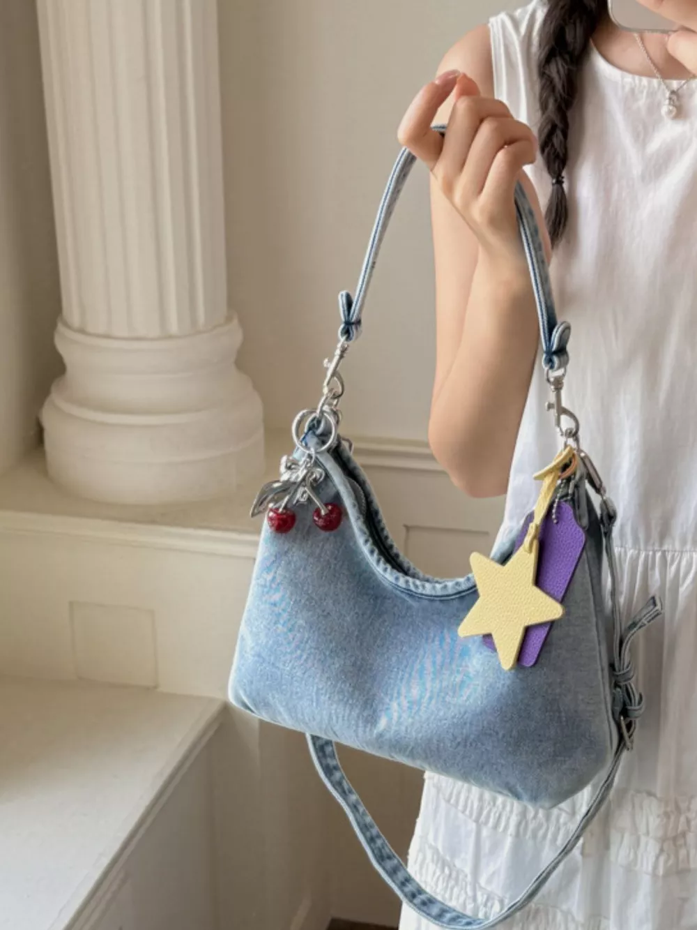 Star Charm Denim Shoulder Bag, image 11